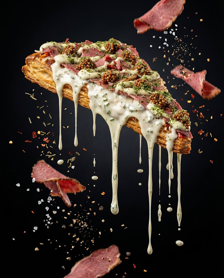 Signature Pastrami Slice mit fließender Sauce auf dunklem Hintergrund
